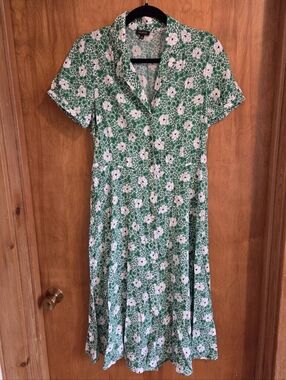 Talbots Puff Sleeve Shirt Dress Ditsy Vines Green Women Size 12